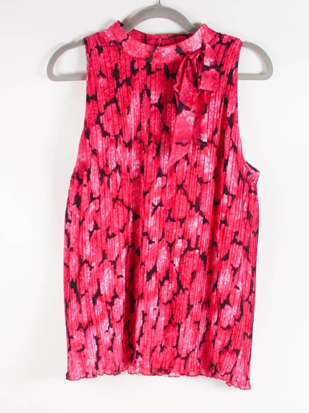 Picadilly Pink Pleated Sleeveless Blouse Size L Tie Neck Chiffon Lined Top